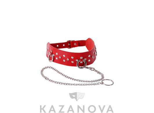 Ошейник красный широкий из натуральной кожи с поводком-цепью
