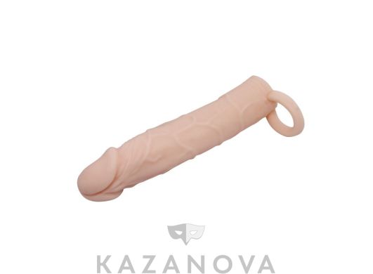 Насадка увеличивающая SexExpert с кольцом на мошонку телесная 17,5 см